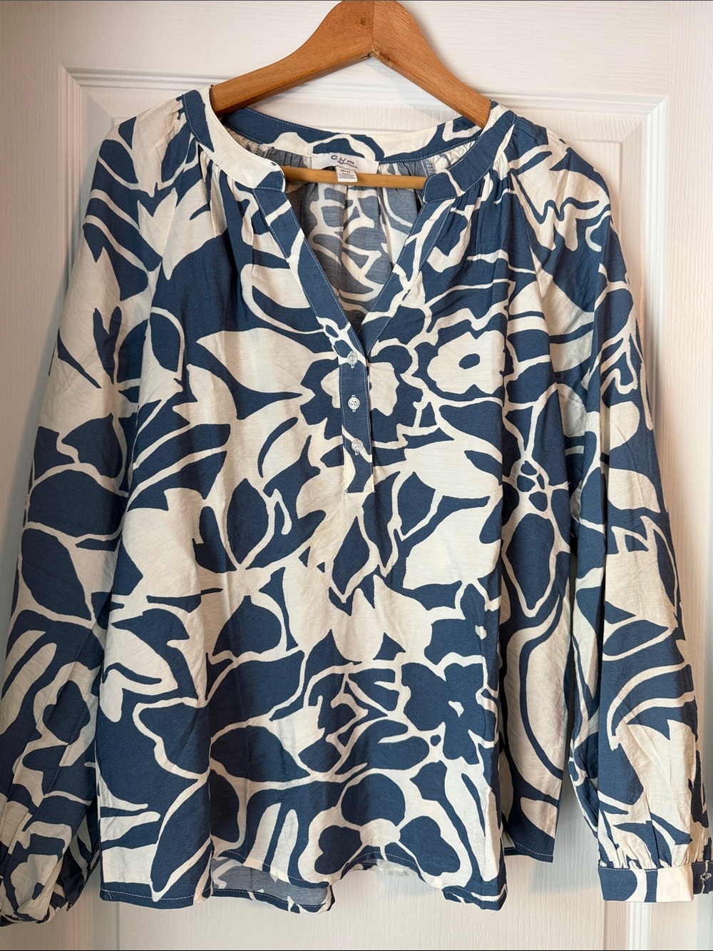 Blue and White Floral Henley Tunic Top